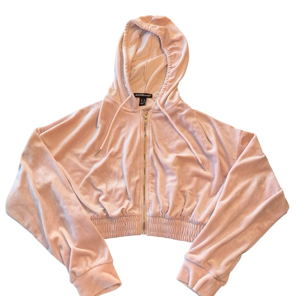 Charlotte Russe Pink Velour Cropped Jacket With Hood Zip Up Women's Medium EUC